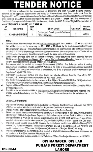 Forest Department Lahore Tender Notice